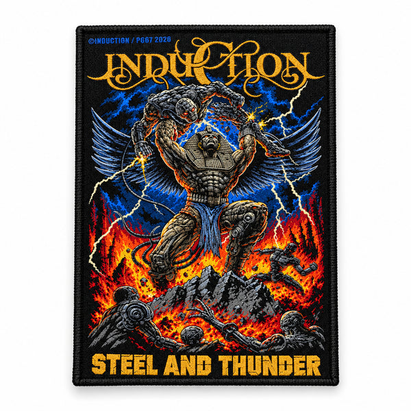 Steel and Thunder sew-on patch — embroidered artwork mock-up