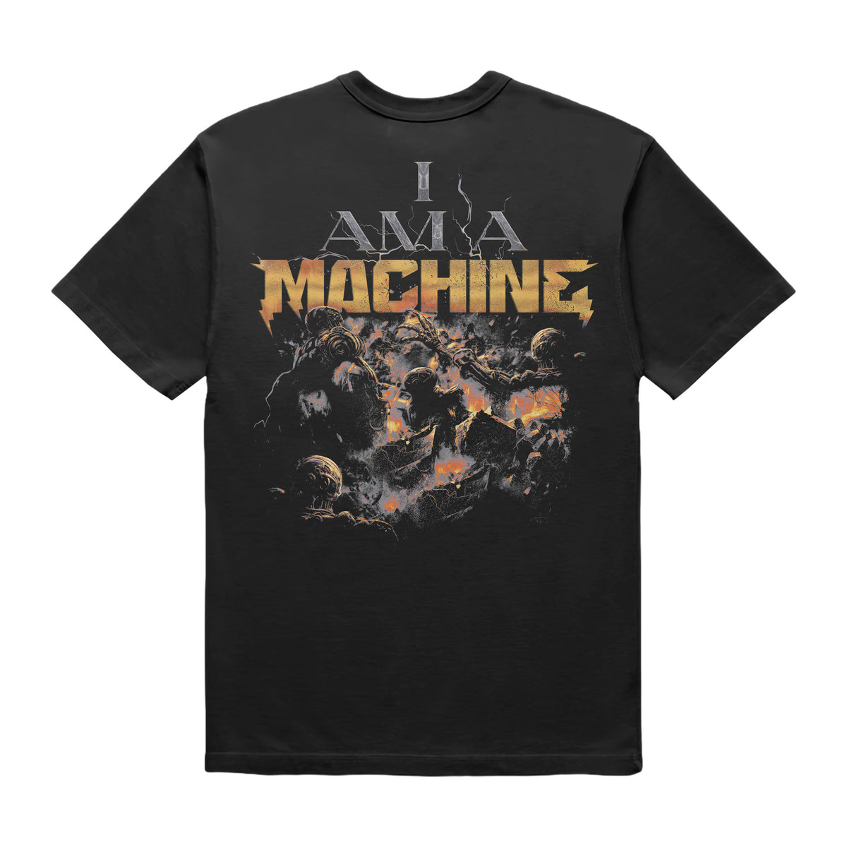 Steel and Thunder T-shirt — back view with I AM A MACHINE design