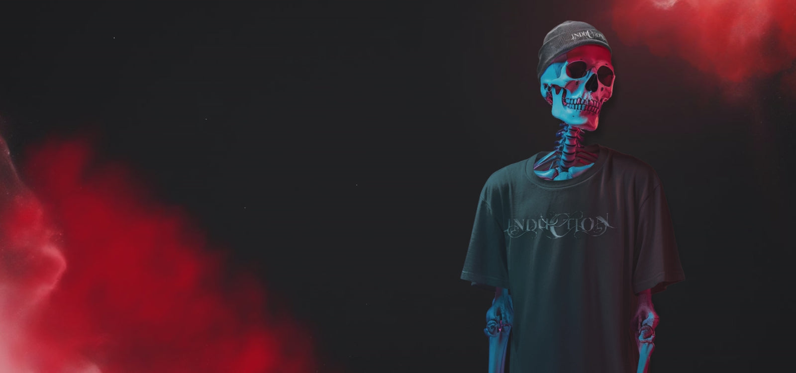 Skeleton wearing Induction T-shirt and cap, set against a dark and red cosmic background.