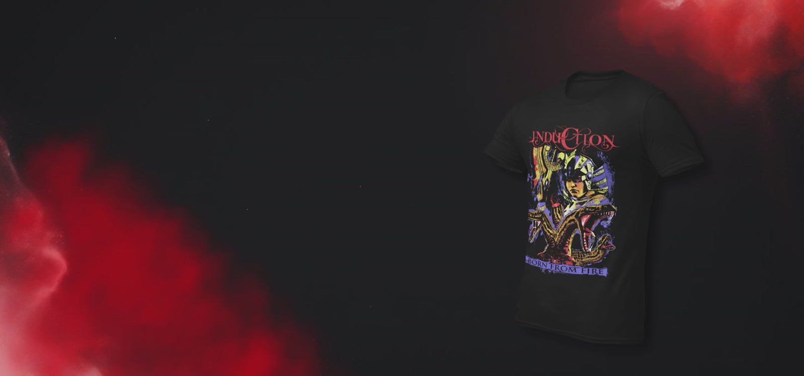 Induction Born from Fire T-Shirt displayed on a black-red cosmic background. Official band merchandise.